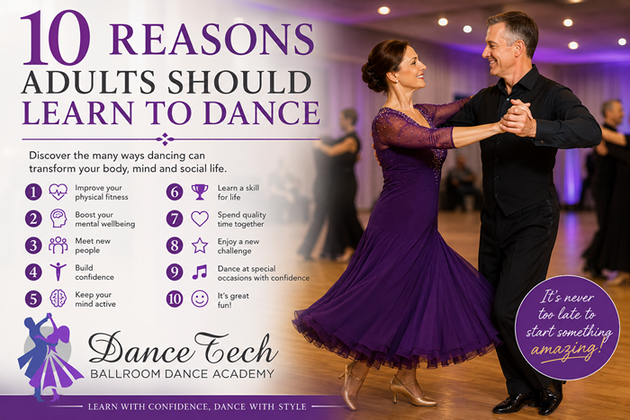 Happy adult couple learning Ballroom dancing during a DanceTech beginners’ dance lesson in Cheshire
